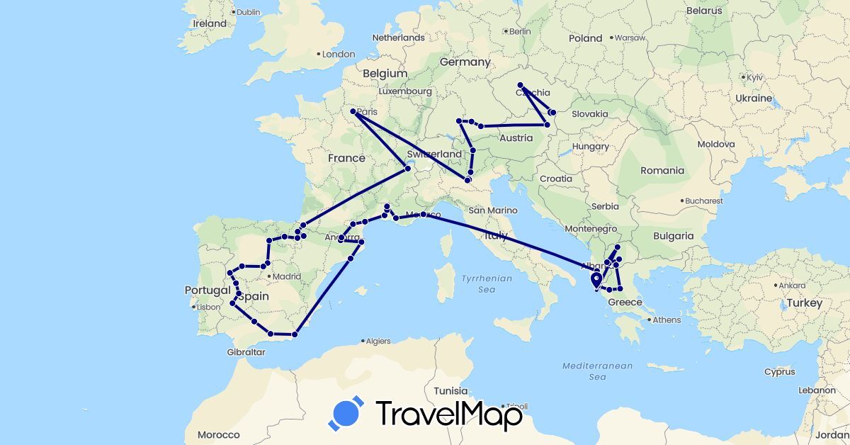 TravelMap itinerary: driving in Andorra, Albania, Austria, Czech Republic, Germany, Spain, France, Greece, Italy, Monaco, Macedonia (Europe)
